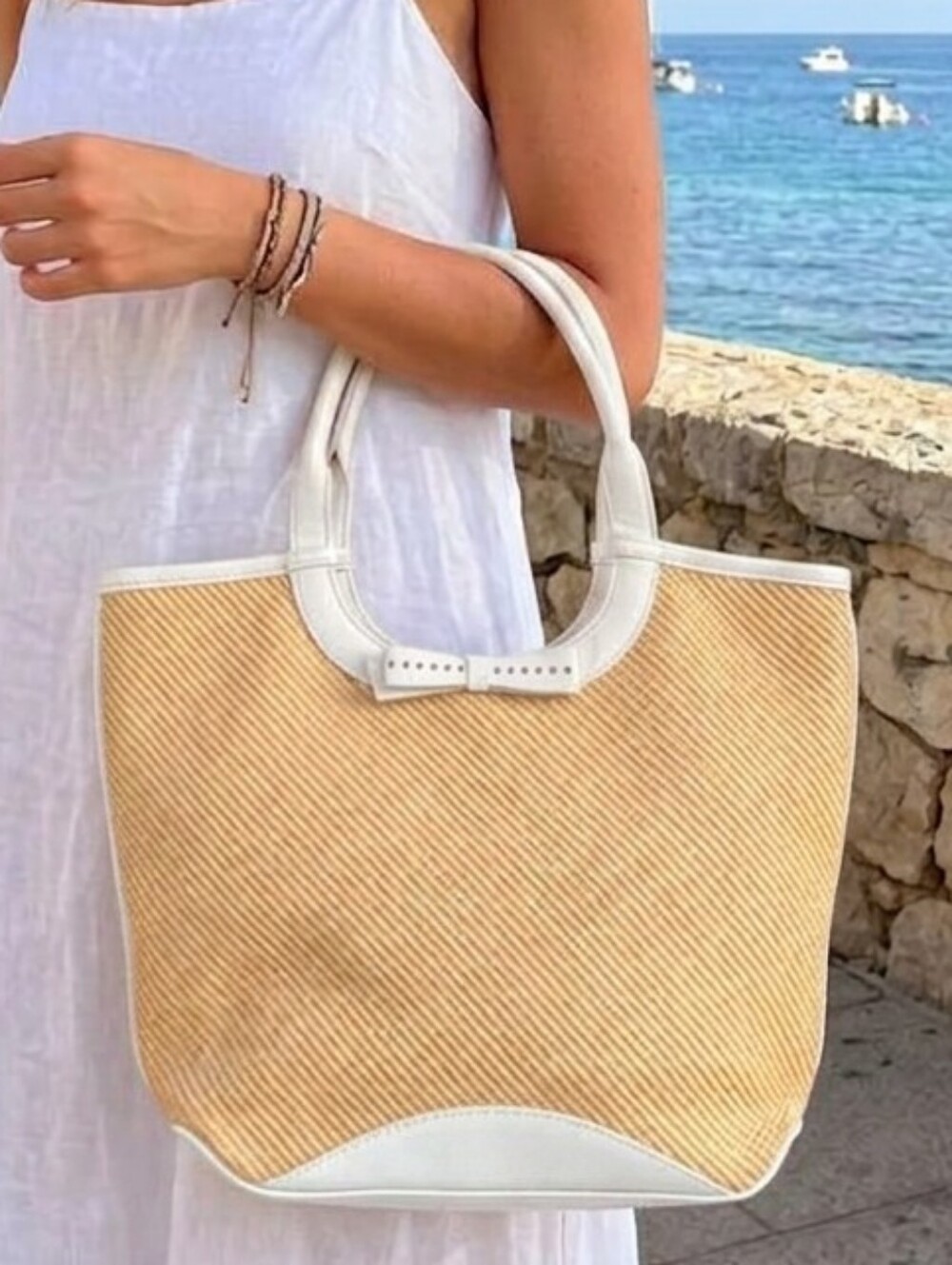 COLE HAAN Beige Straw Tote with White Trim